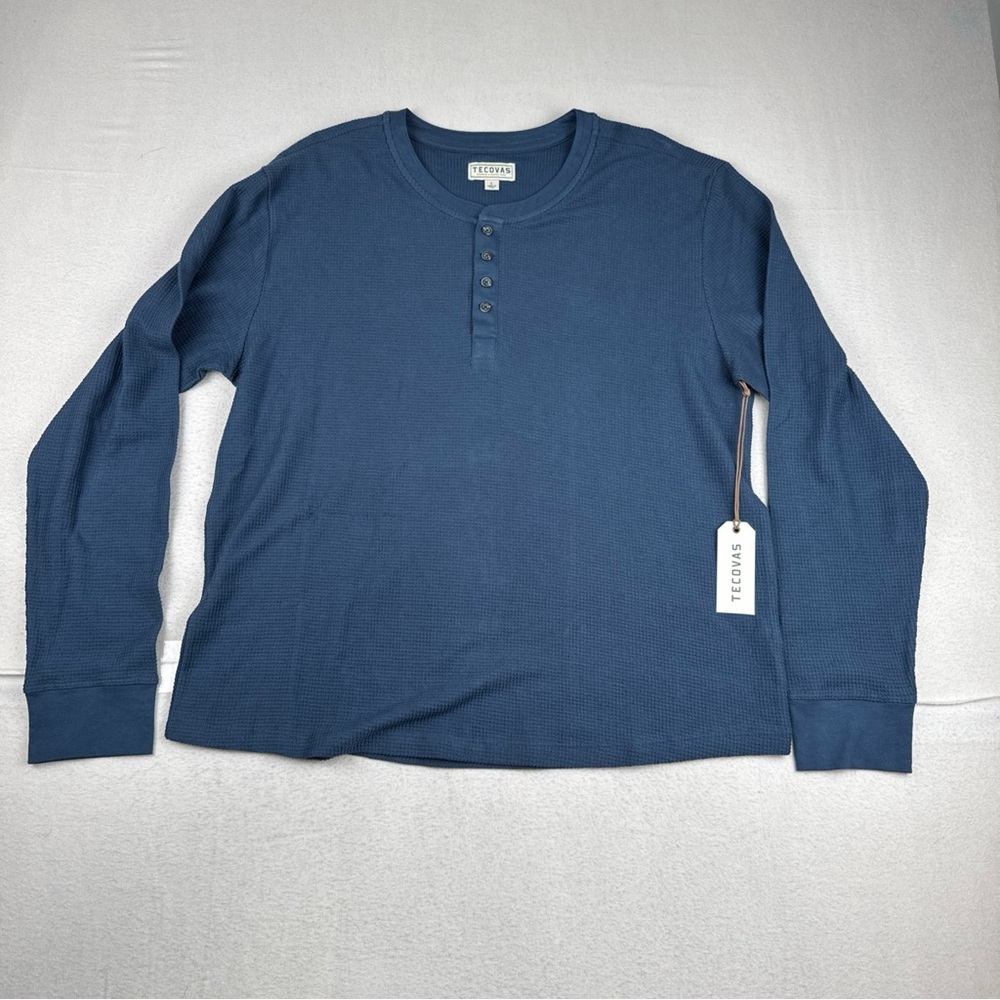 New! Tecovas Mens Waffle Knit Blue Henley Shirt Large long sleeve casual comfort